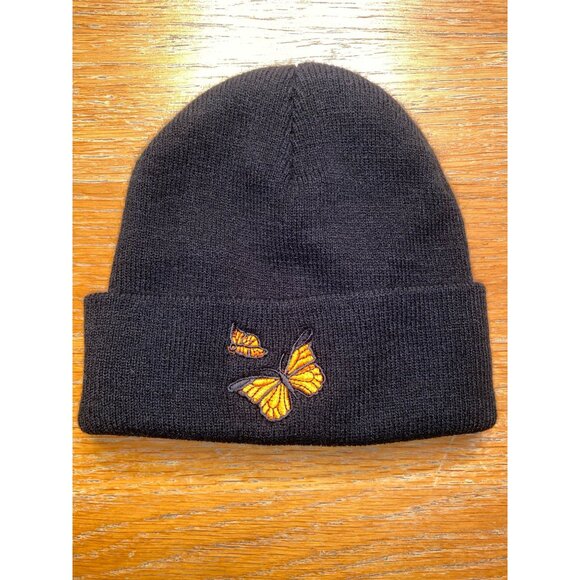 Butterfly Embroidered Black Knit Beanie Hat - Picture 1 of 2